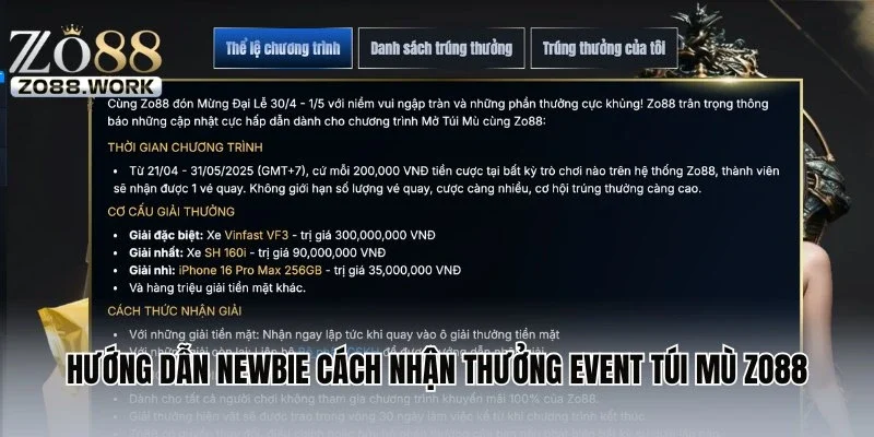 Hướng dẫn newbie cách nhận thưởng Event túi mù Zo88